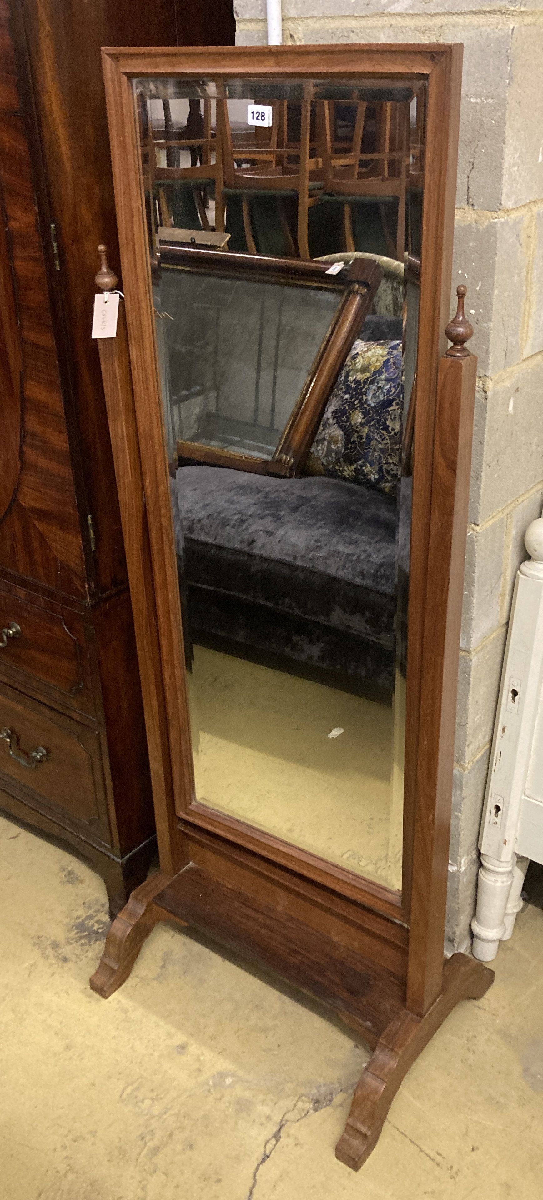 An early 20th century hardwood cheval mirror, width 60cm, height 158cm
